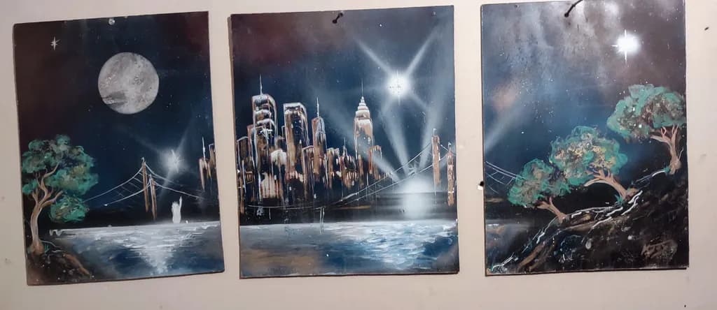 Moonlit City Bridge Triptych