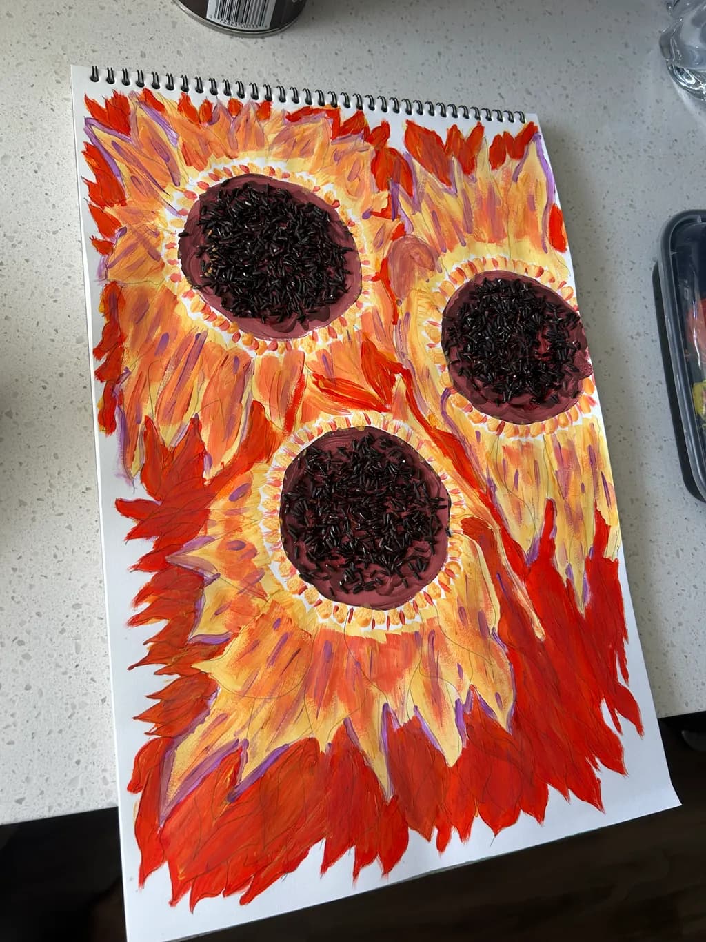 Three Sunflowers in Flame