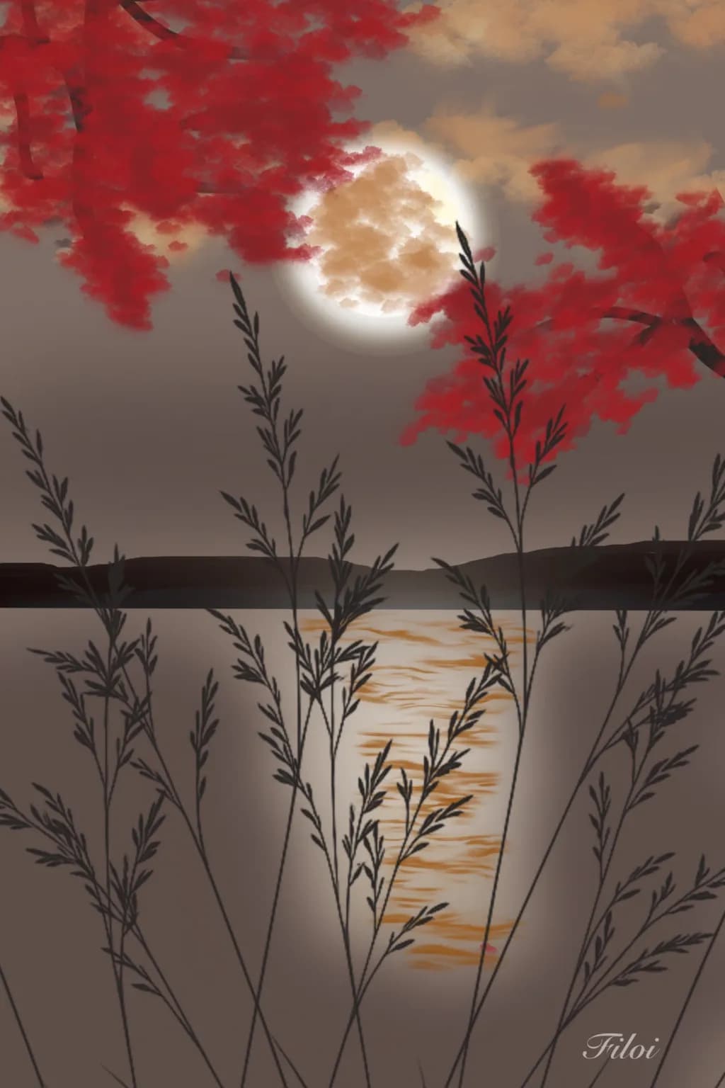 Crimson Moonlit Lake