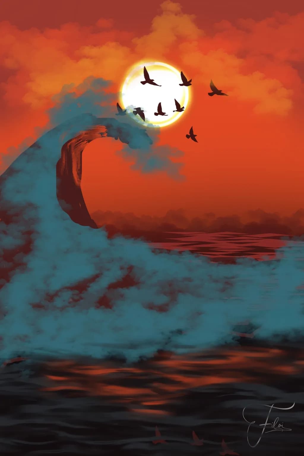 Birds Over Sunset Waters