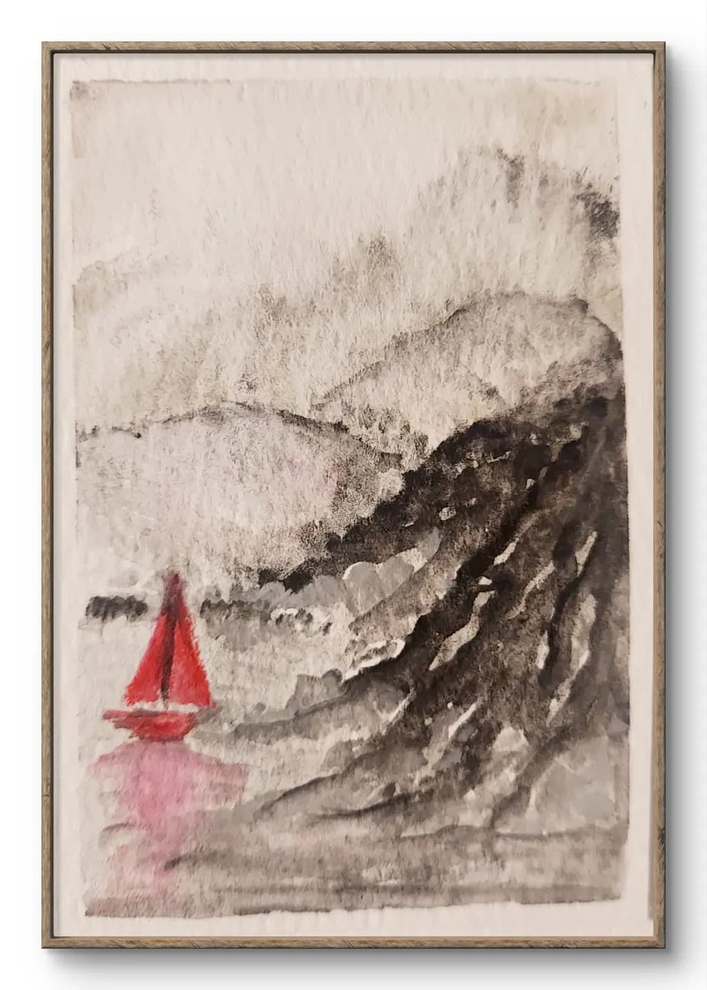 Red Sailboat Among Mountains