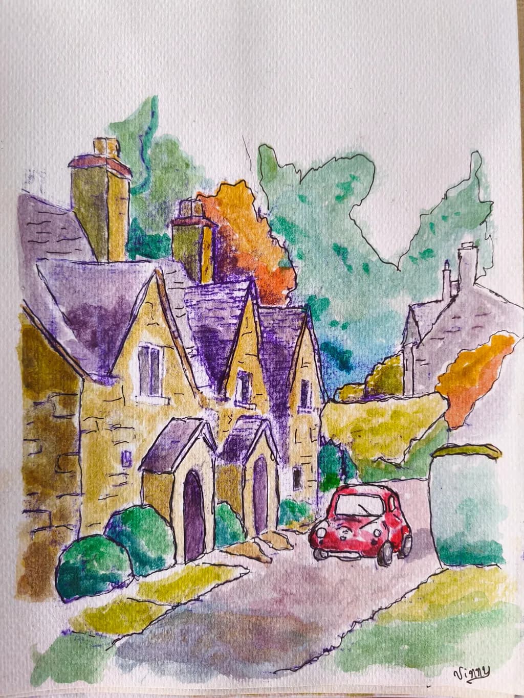 Village Lane and Red Car