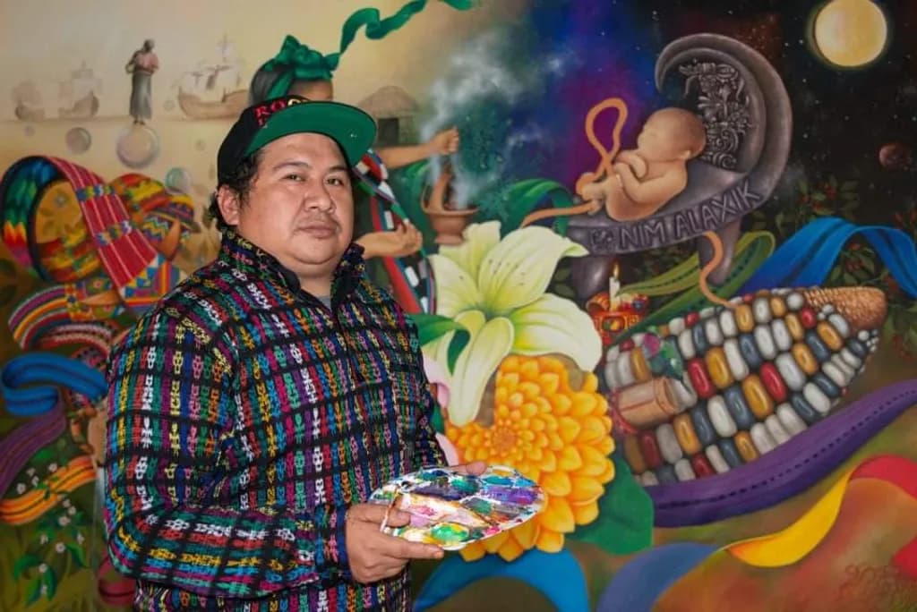 Mural by Mayan artists Atuun Panloow and Henry Mendez Chavajay