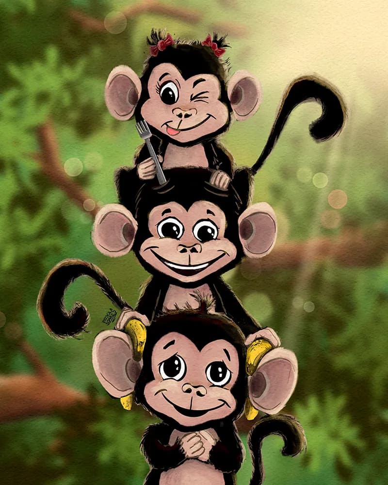 Whimsical Monkey Trio: A Playful Stack of Cheerful Characters in a Jungle Setting