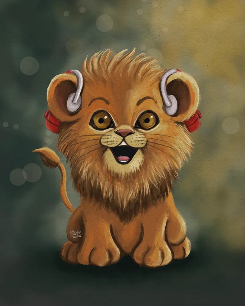 Playful Lion with Headphones: A Colorful Cartoon Delight for Music Lovers
