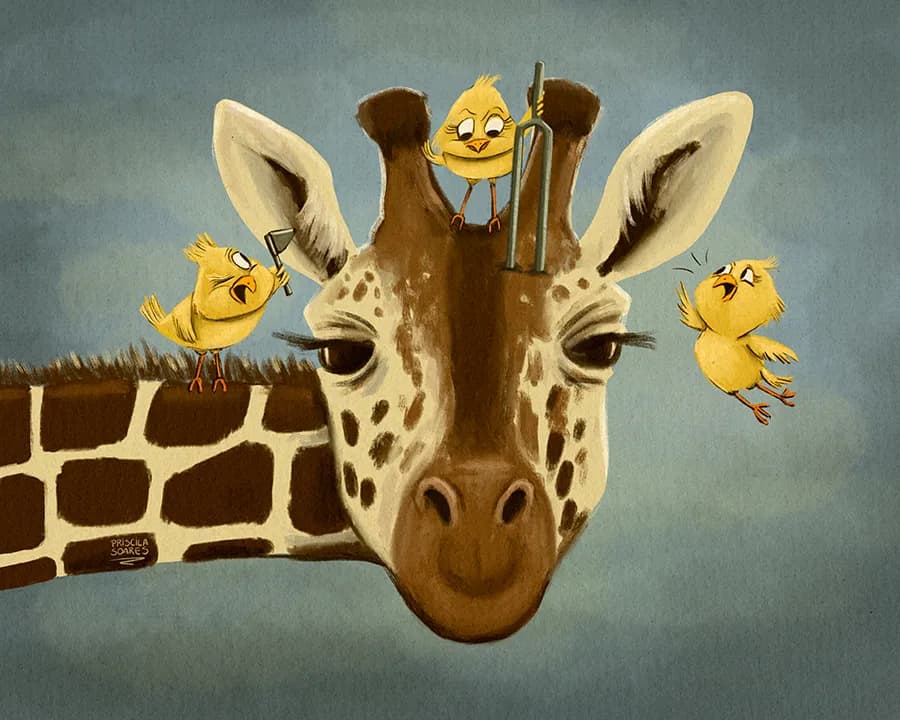 Whimsical Harmony: A Giraffe's Playful Encounter with Cheerful Birds