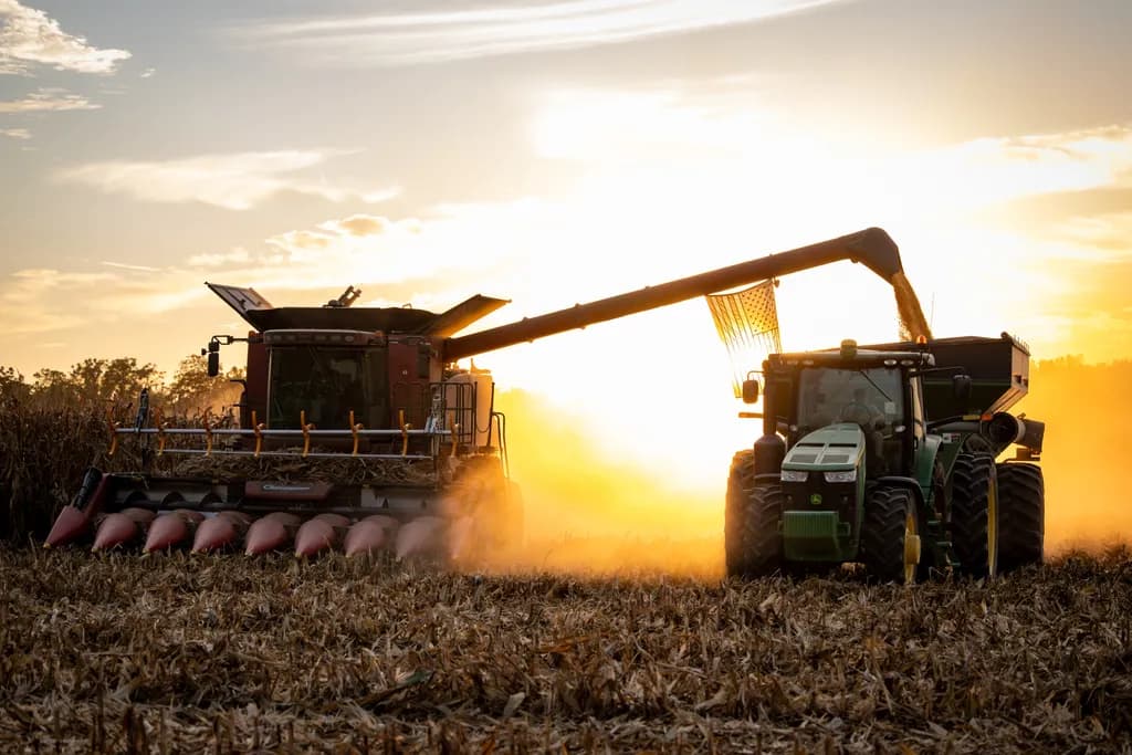 Farm Life Artwork: Combine Harvester & Tractor Against Sunset Glow