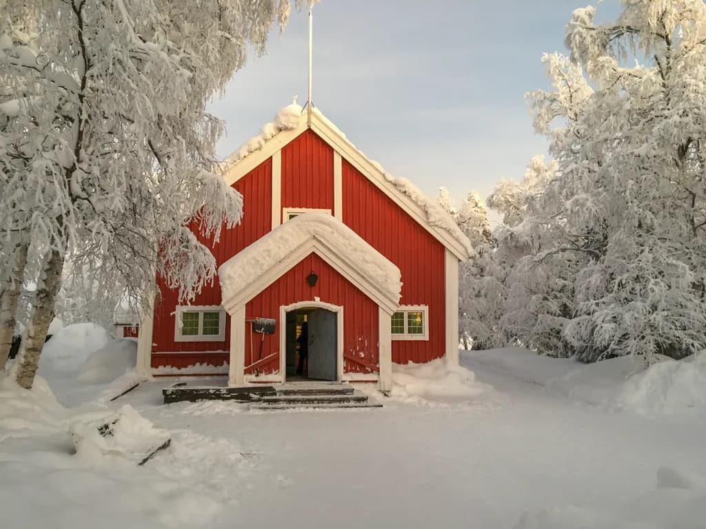 Jukkasjärvi Church Art Print: Peaceful Winter Landscape