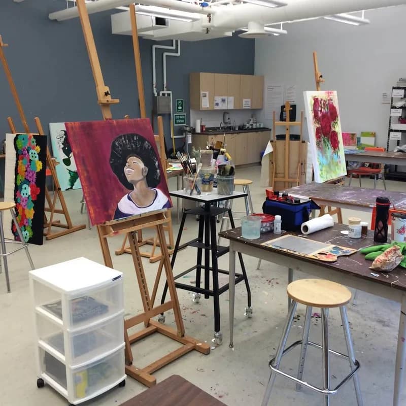 The community studio: easels, work in progress (Deborah Arise left center) and shared space.