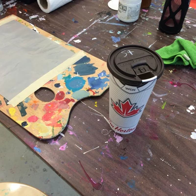 My palette and the essential studio Tim Horton's steeped tea.
