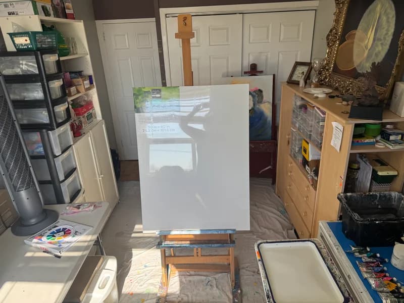 My home studio today: a fresh canvas waiting on the easel.
