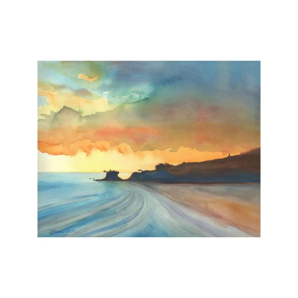 Serene Coastal Sunset: A Watercolor Journey Through Abstract Landscapes