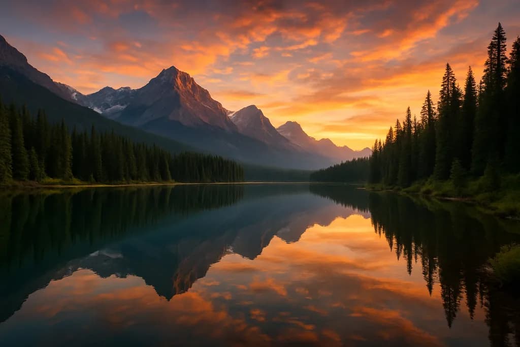 Serenity at Sunset: A Tranquil Reflection of Nature's Beauty in the Mountains