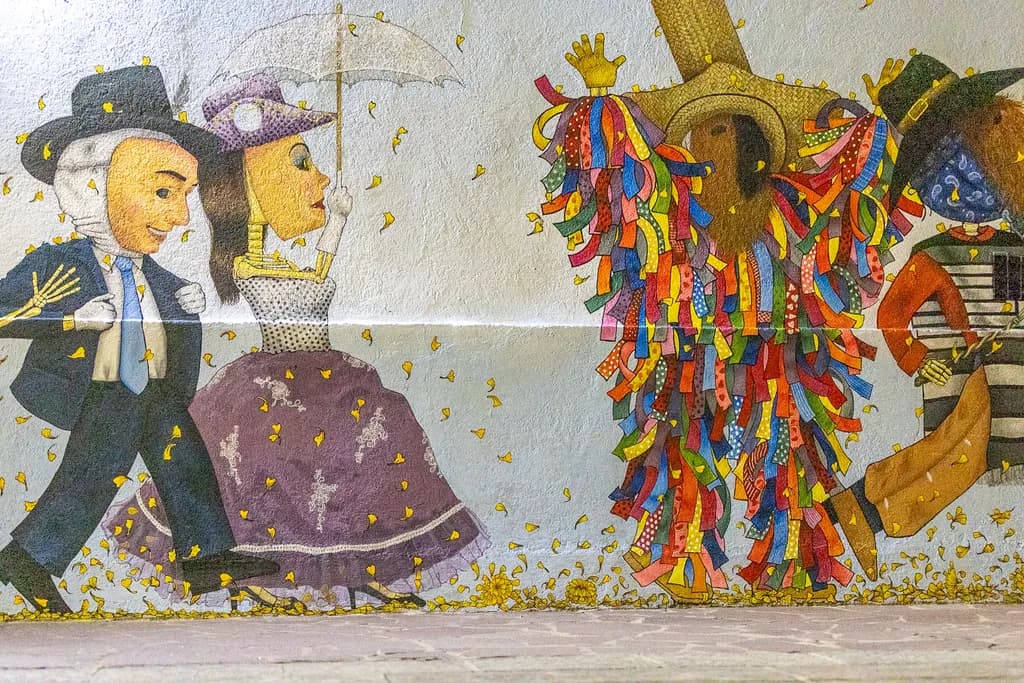 Colorful Celebration: A Whimsical Mural of Festive Characters in Motion