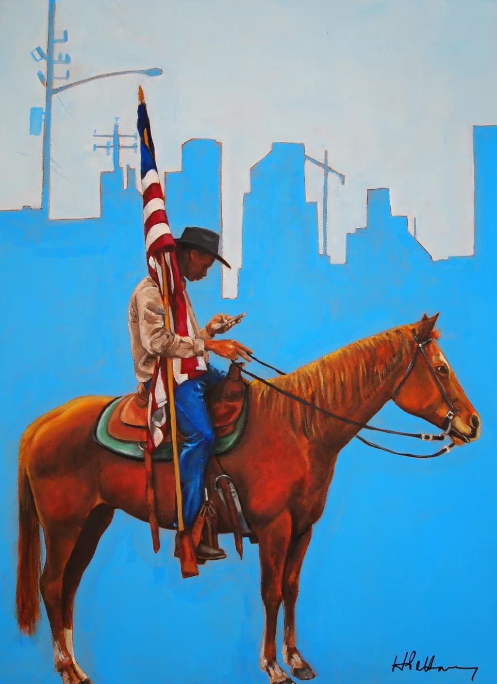 Cowboy Beneath the City Flag