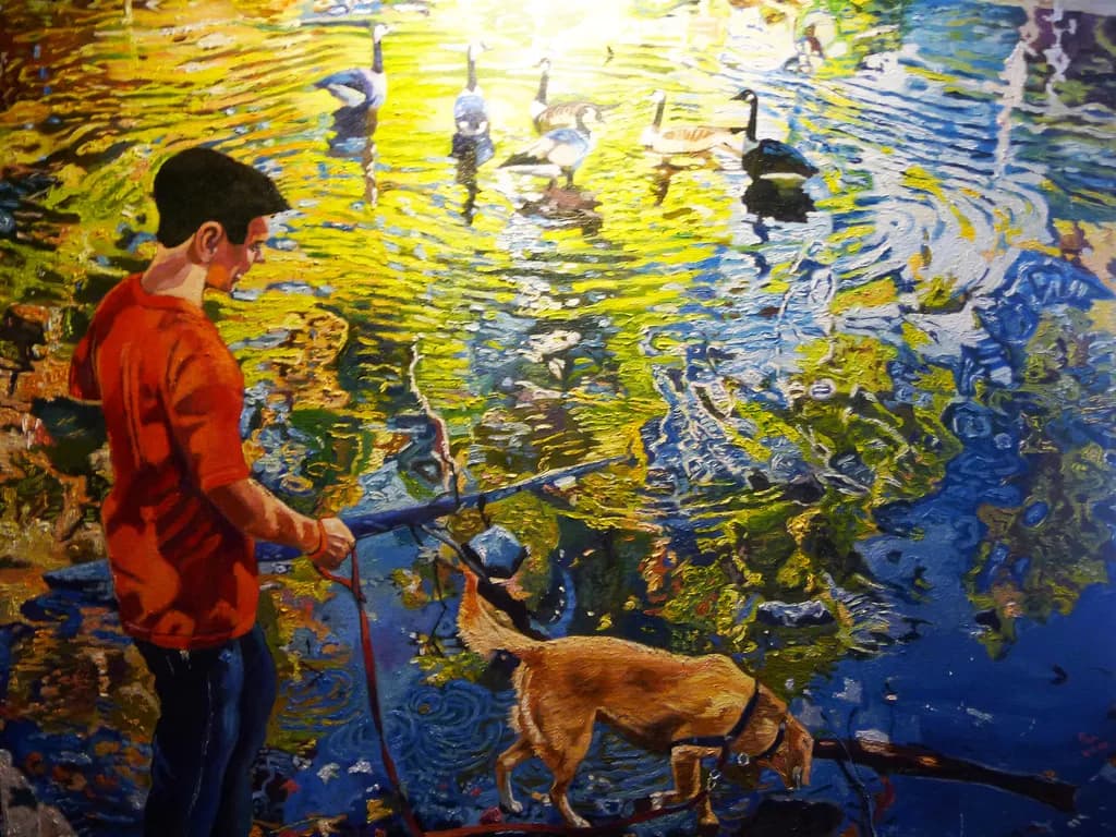 Serene Reflections: A Boy, His Dog, and the Dance of Nature's Light