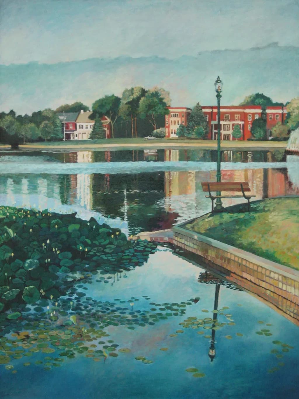 Reflections of Serenity: A Tranquil Lakeside Scene with Vibrant Colors and Lush Greenery