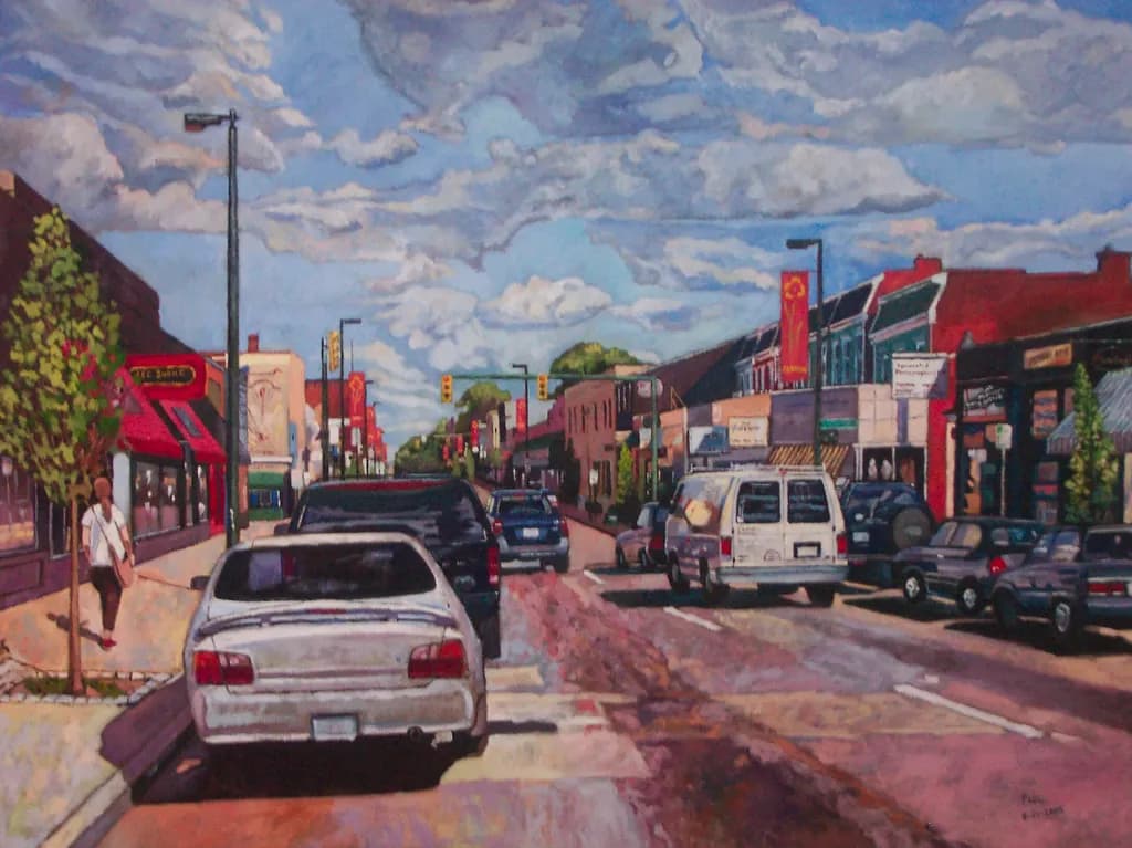 Urban Serenity: A Vibrant Street Scene Capturing Life and Color in the Heart of the City