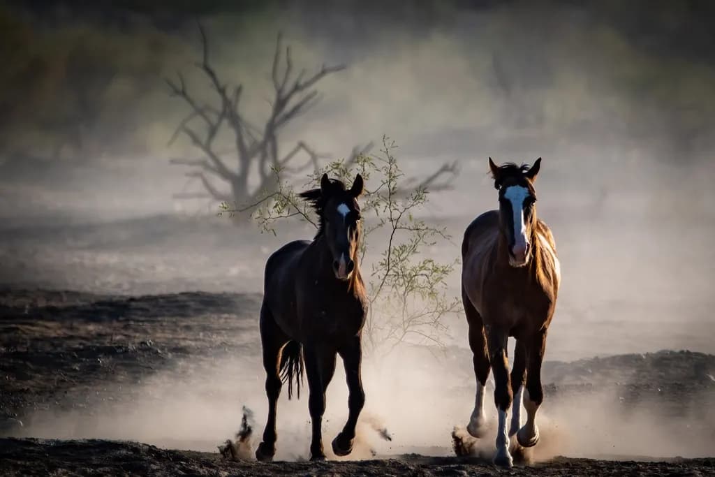 Wild Freedom: Horses Running Through Dusty Landscapes at Dawn