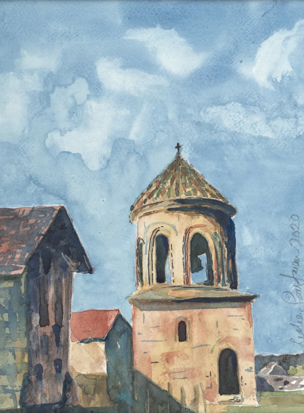 Whispers of Time: A Serene Watercolor of an Ancient Bell Tower Under a Vast Sky