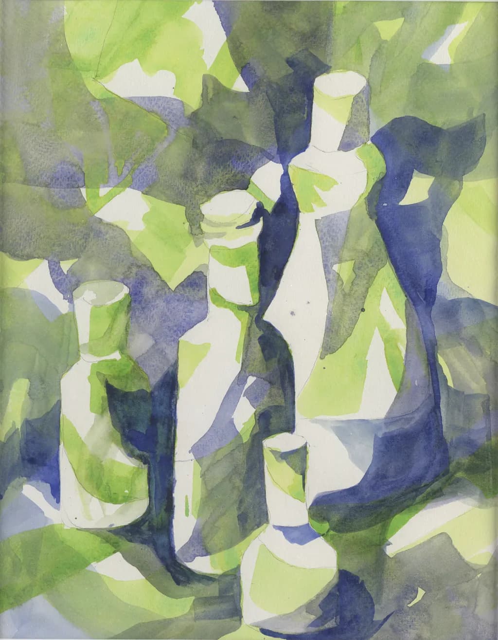 Whispers of Light: A Serene Dance of Bottles in Green and Blue Hues