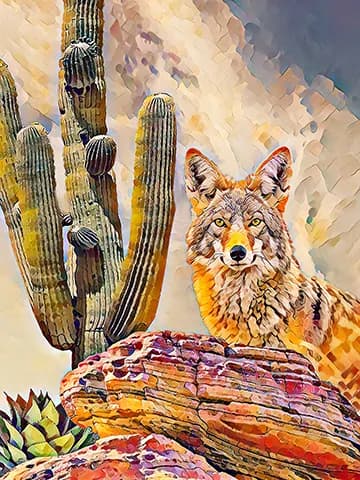 Desert Harmony: A Coyote's Watchful Gaze Amidst Cacti and Colorful Rocks
